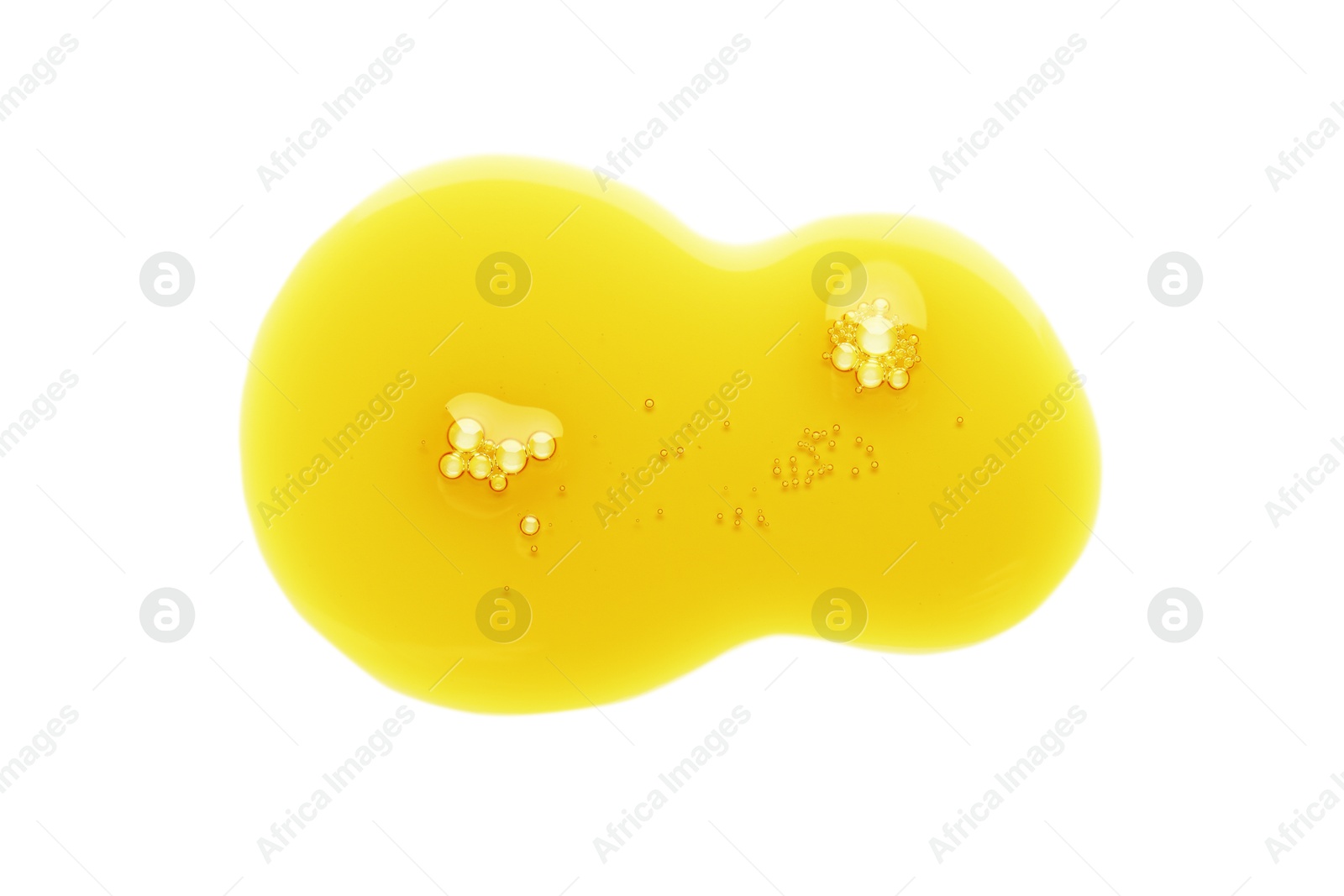 Photo of Essential oil drop isolated on white, top view. Cosmetic product