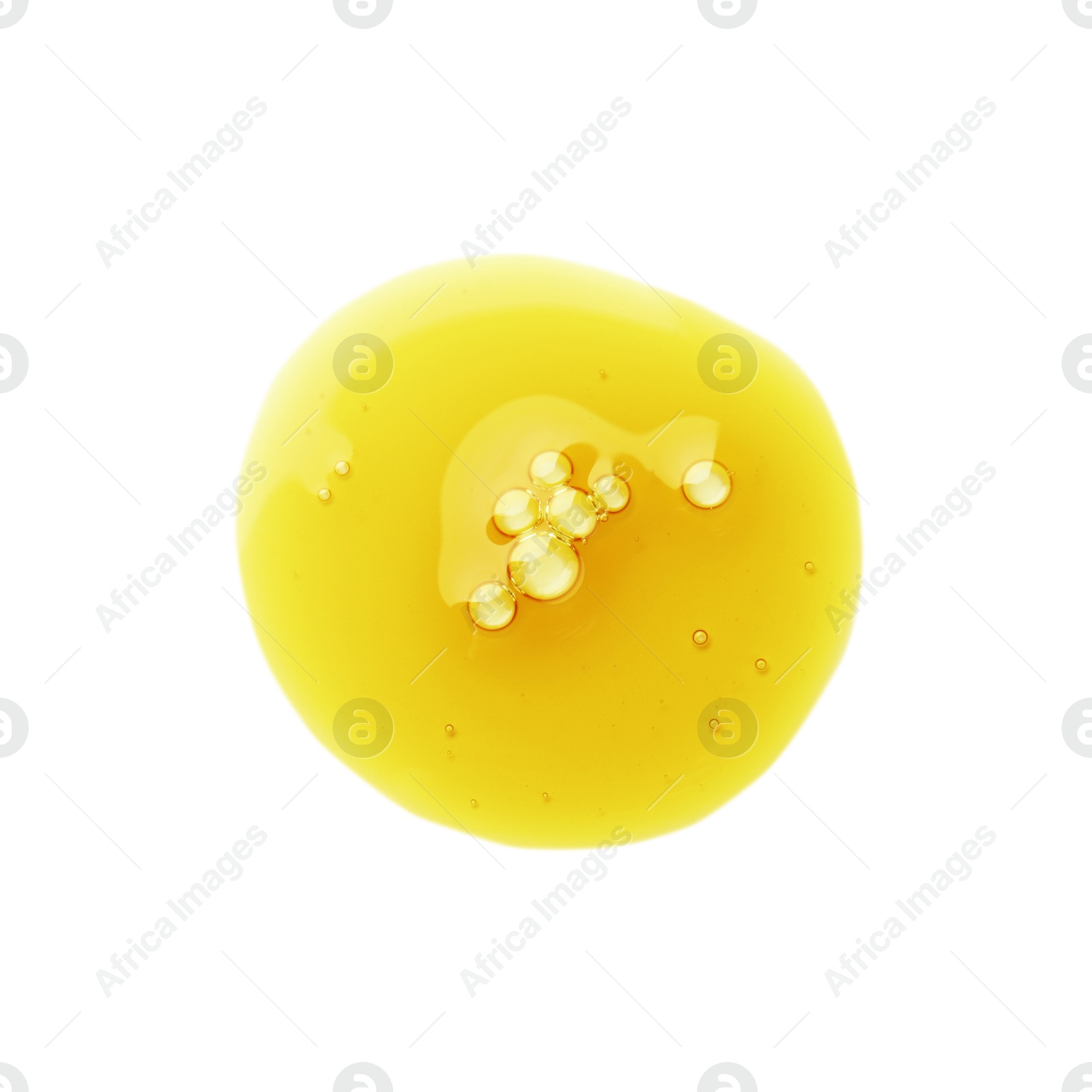 Photo of Essential oil drop isolated on white, top view. Cosmetic product