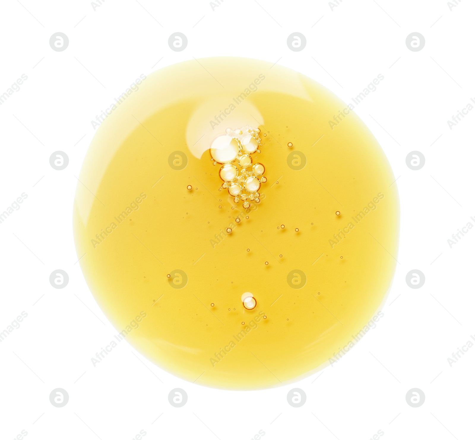 Photo of Essential oil drop isolated on white, top view. Cosmetic product