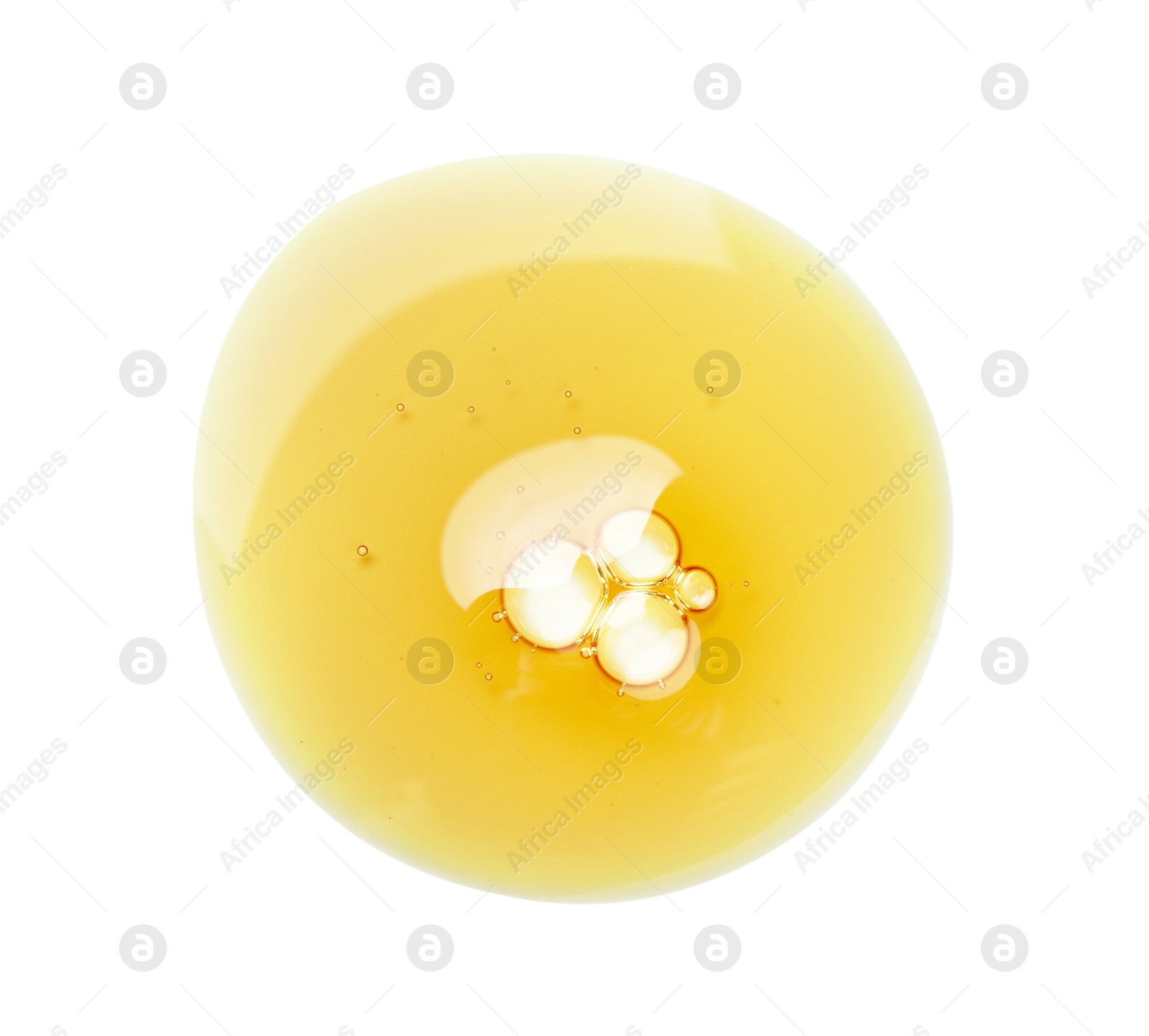 Photo of Essential oil drop isolated on white, top view. Cosmetic product