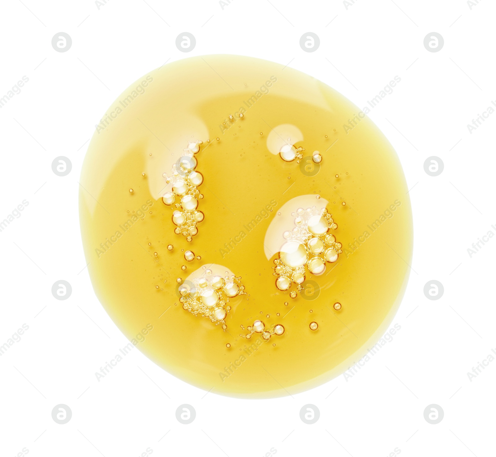 Photo of Essential oil drop isolated on white, top view. Cosmetic product