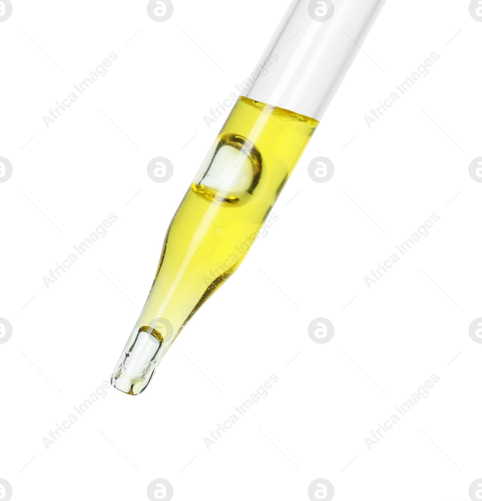 Photo of Dripping essential oil from pipette on white background