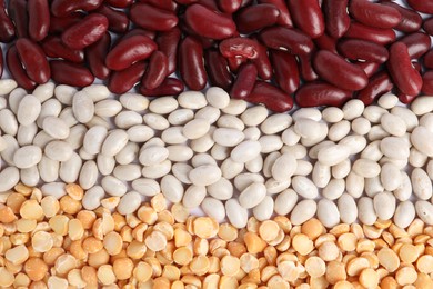 Photo of Different types of legumes as background, top view