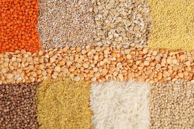 Photo of Different types of cereals and legumes as background, top view