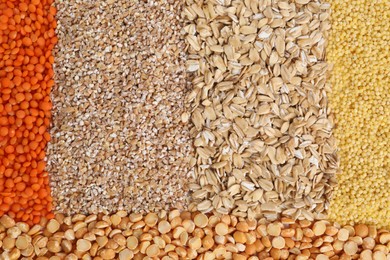 Different types of cereals and legumes as background, top view