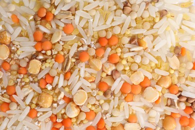 Pile of legumes and cereals as background, top view