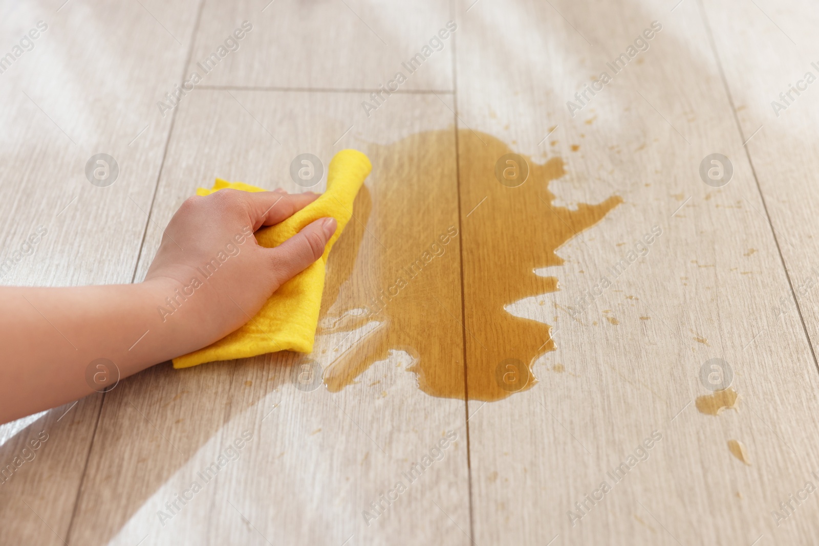 Photo of Woman wiping puddle of spilled drink on floor, closeup