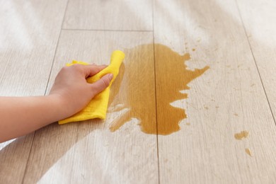 Photo of Woman wiping puddle of spilled drink on floor, closeup