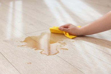 Photo of Woman wiping puddle of spilled drink on floor, closeup