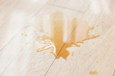 Photo of Puddle of spilled drink on wooden floor, closeup