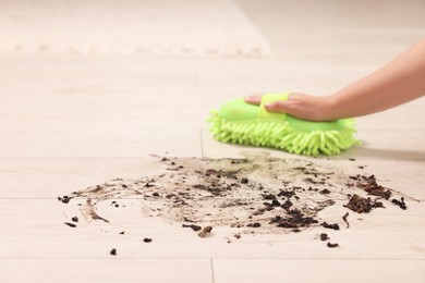 Photo of Woman cleaning dirt on wooden floor, closeup