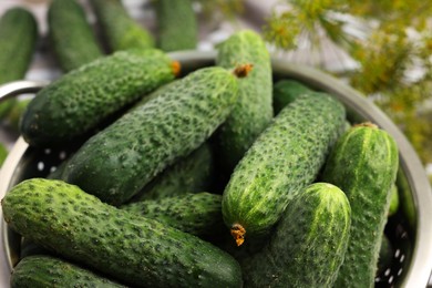 Photo of Fresh green cucumbers in colander on table, closeup