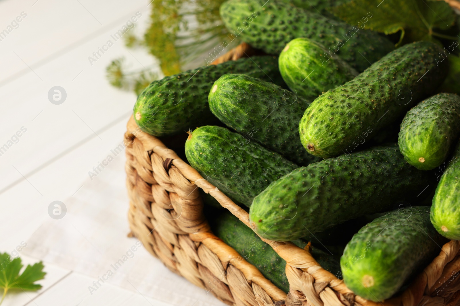 Photo of Fresh green cucumbers in wicker box on white table, closeup