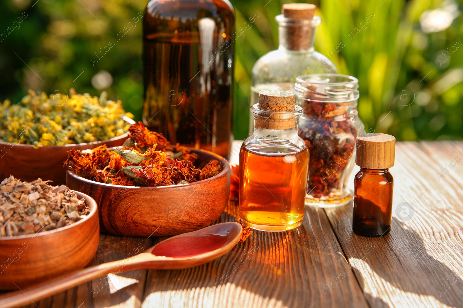 Photo of Different tinctures and ingredients on wooden table outdoors