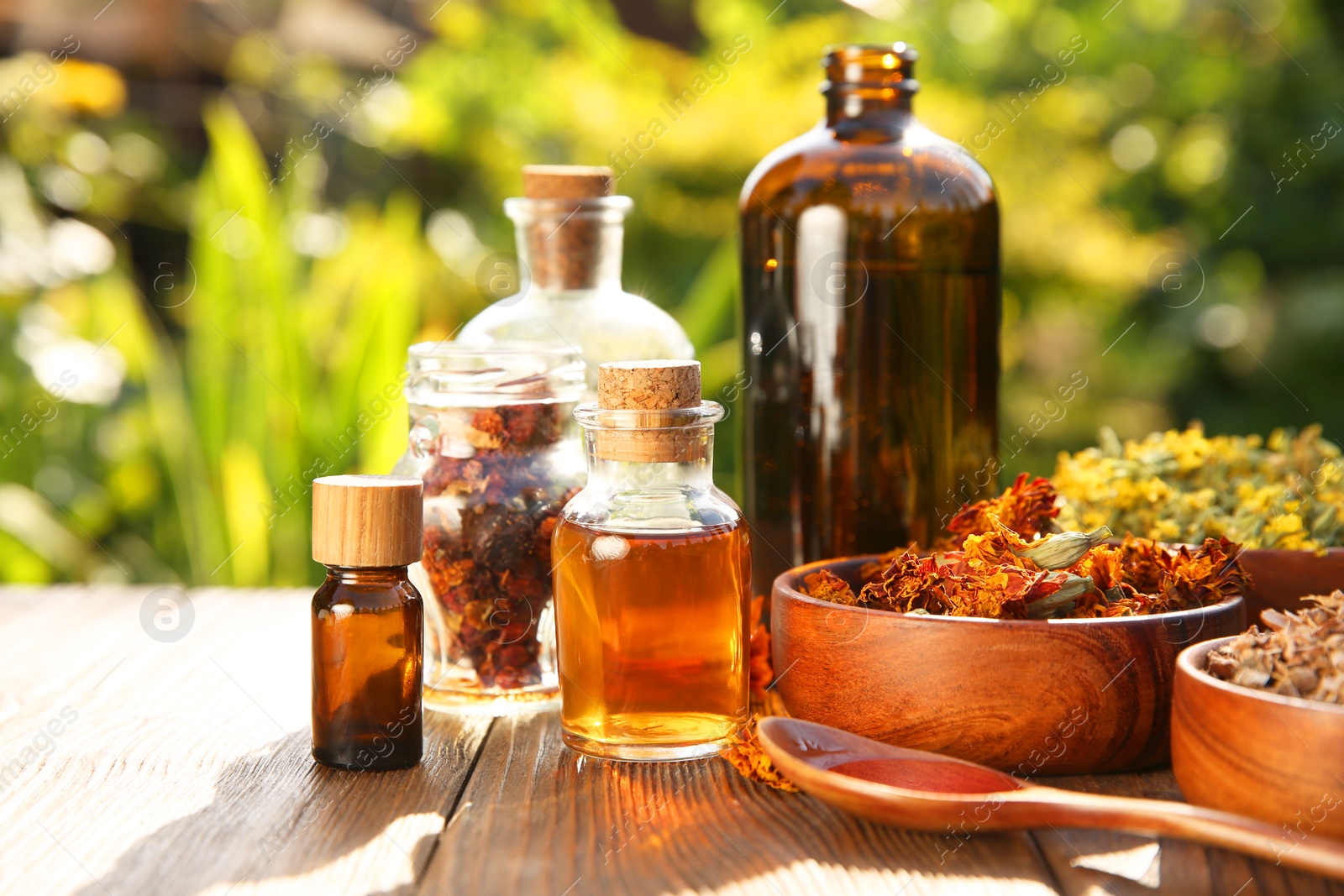 Photo of Different tinctures and ingredients on wooden table outdoors