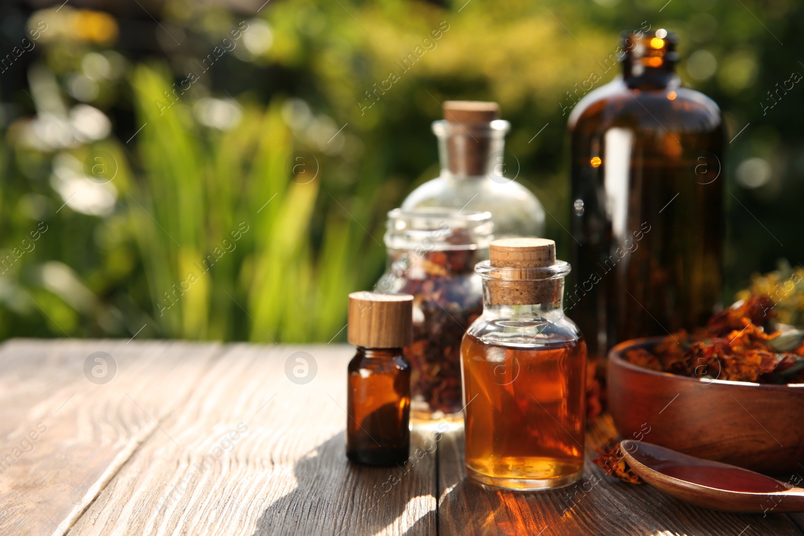 Photo of Different tinctures and ingredients on wooden table outdoors, space for text