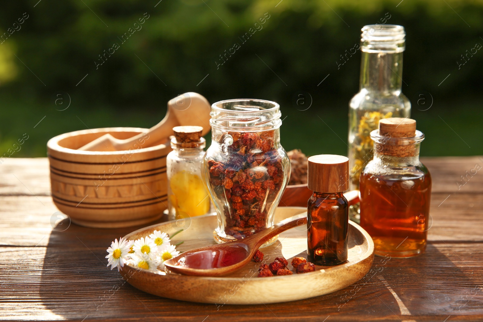 Photo of Different tinctures, ingredients, mortar and pestle on wooden table outdoors