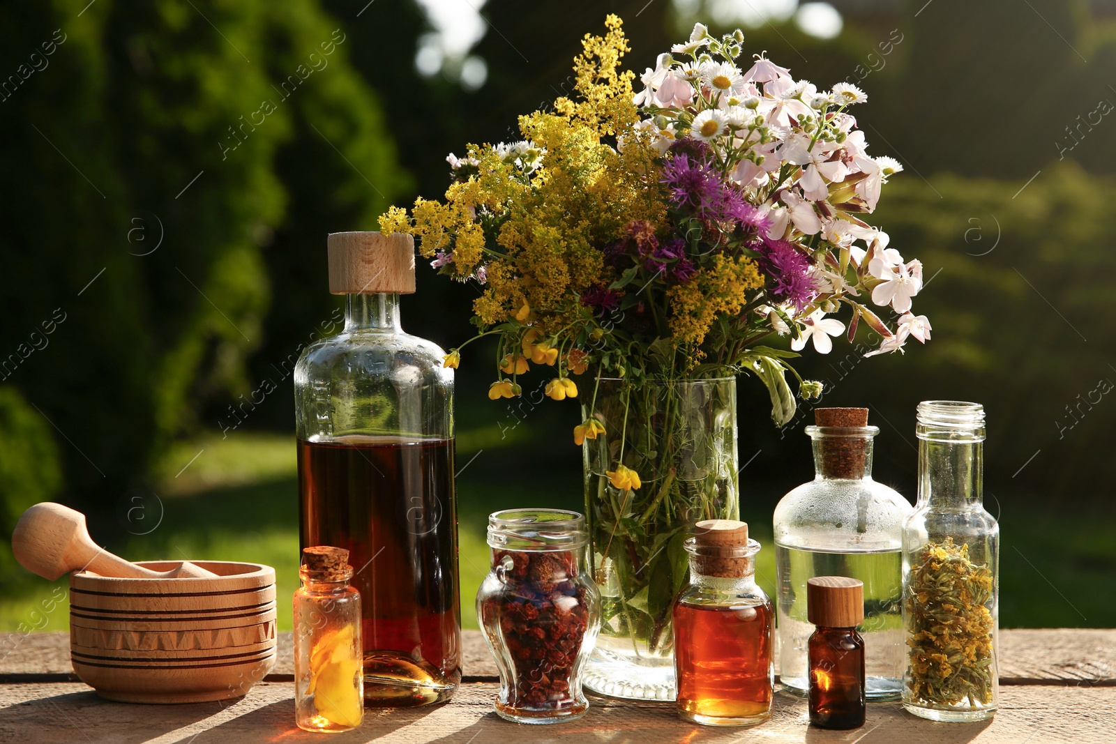 Photo of Different tinctures in bottles, ingredients, mortar and pestle on wooden table outdoors