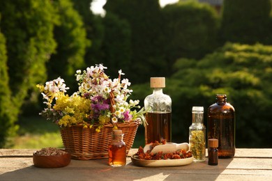 Photo of Tincture in bottles, different flowers and bark chips on wooden table outdoors