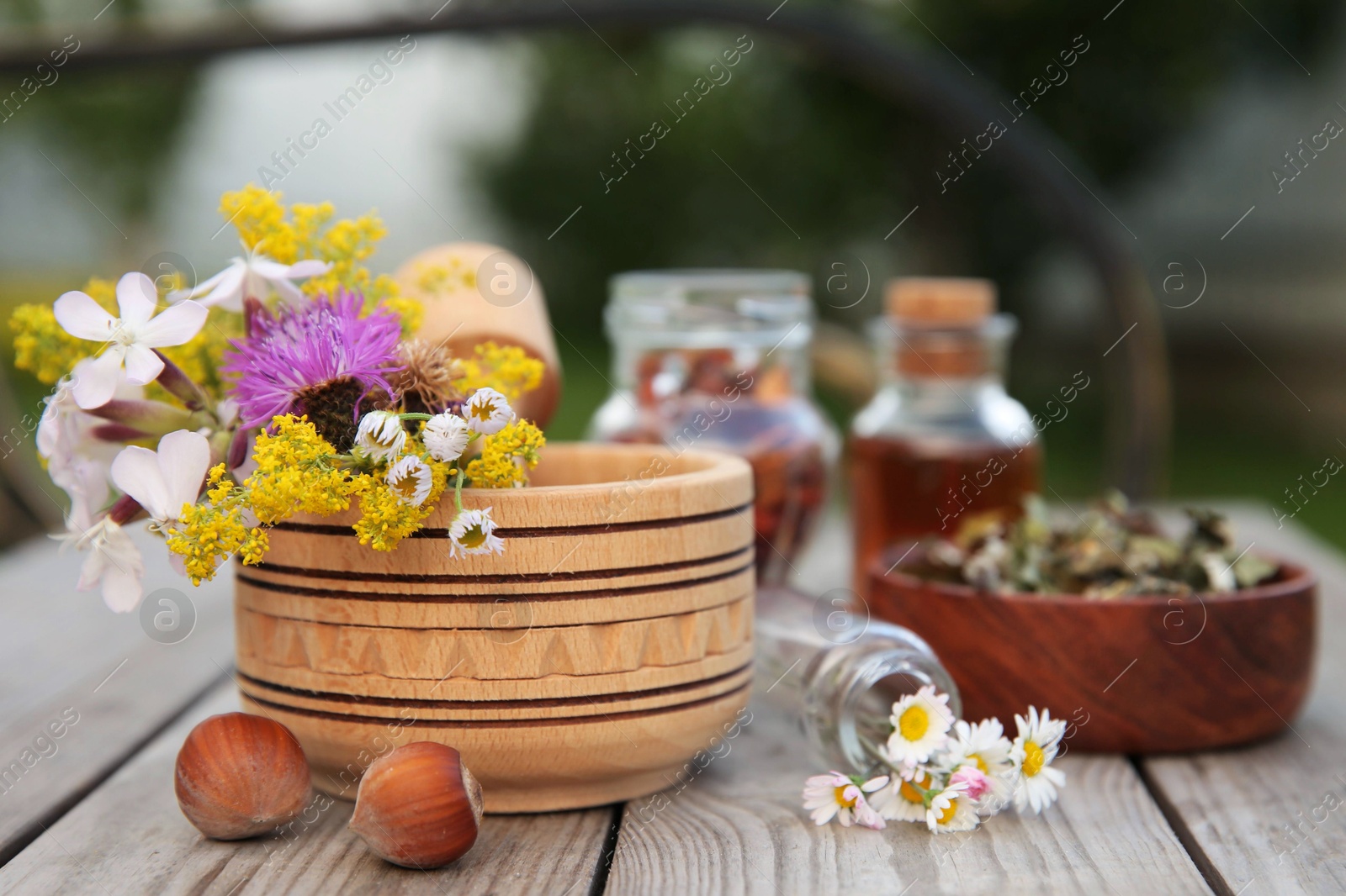 Photo of Different ingredients for tincture, mortar and pestle on wooden bench outdoors