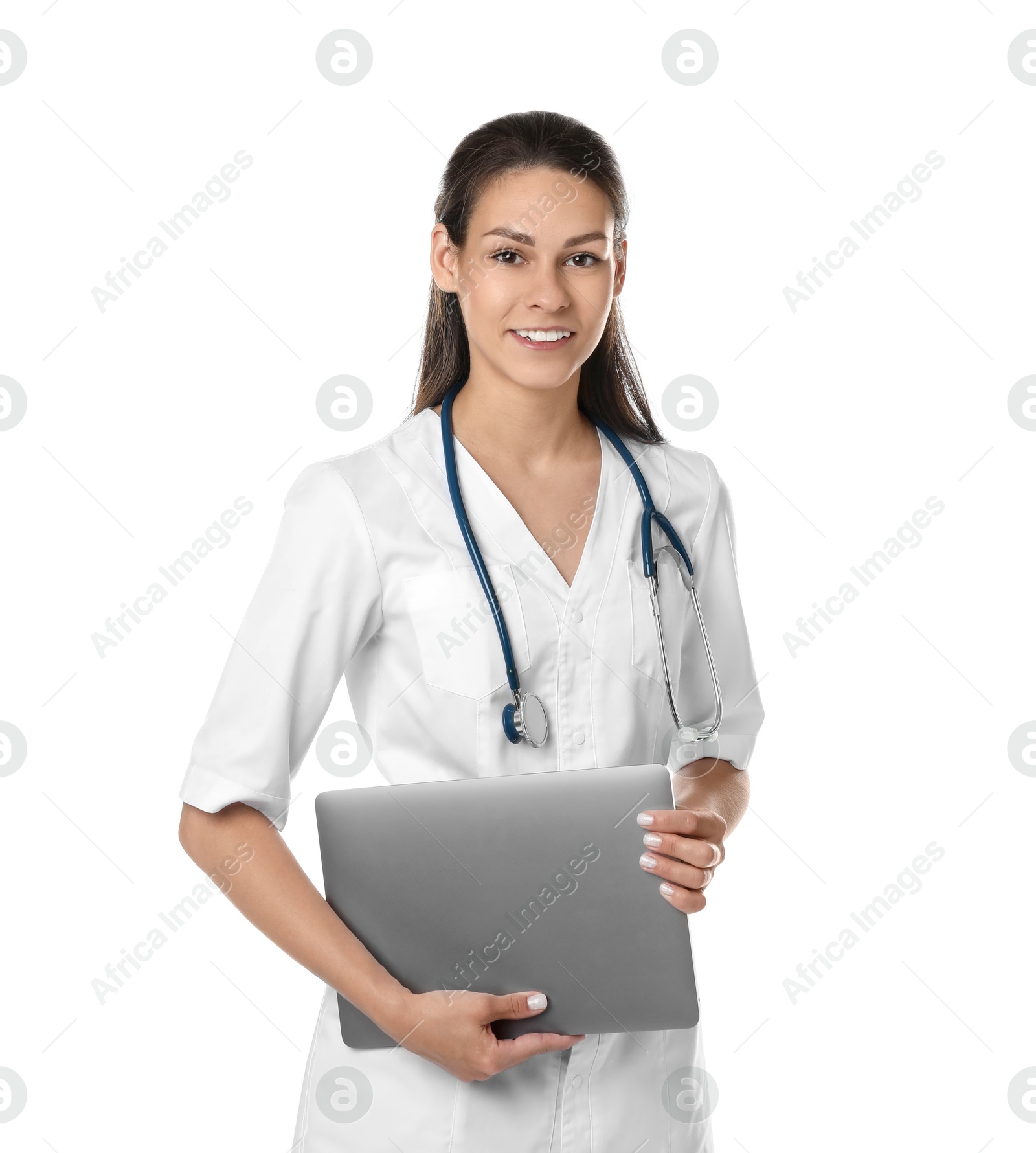 Photo of Portrait of smiling nurse with laptop on white background