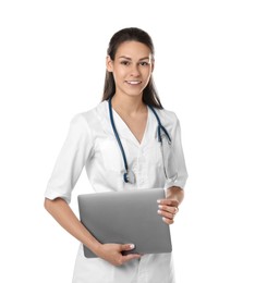 Photo of Portrait of smiling nurse with laptop on white background