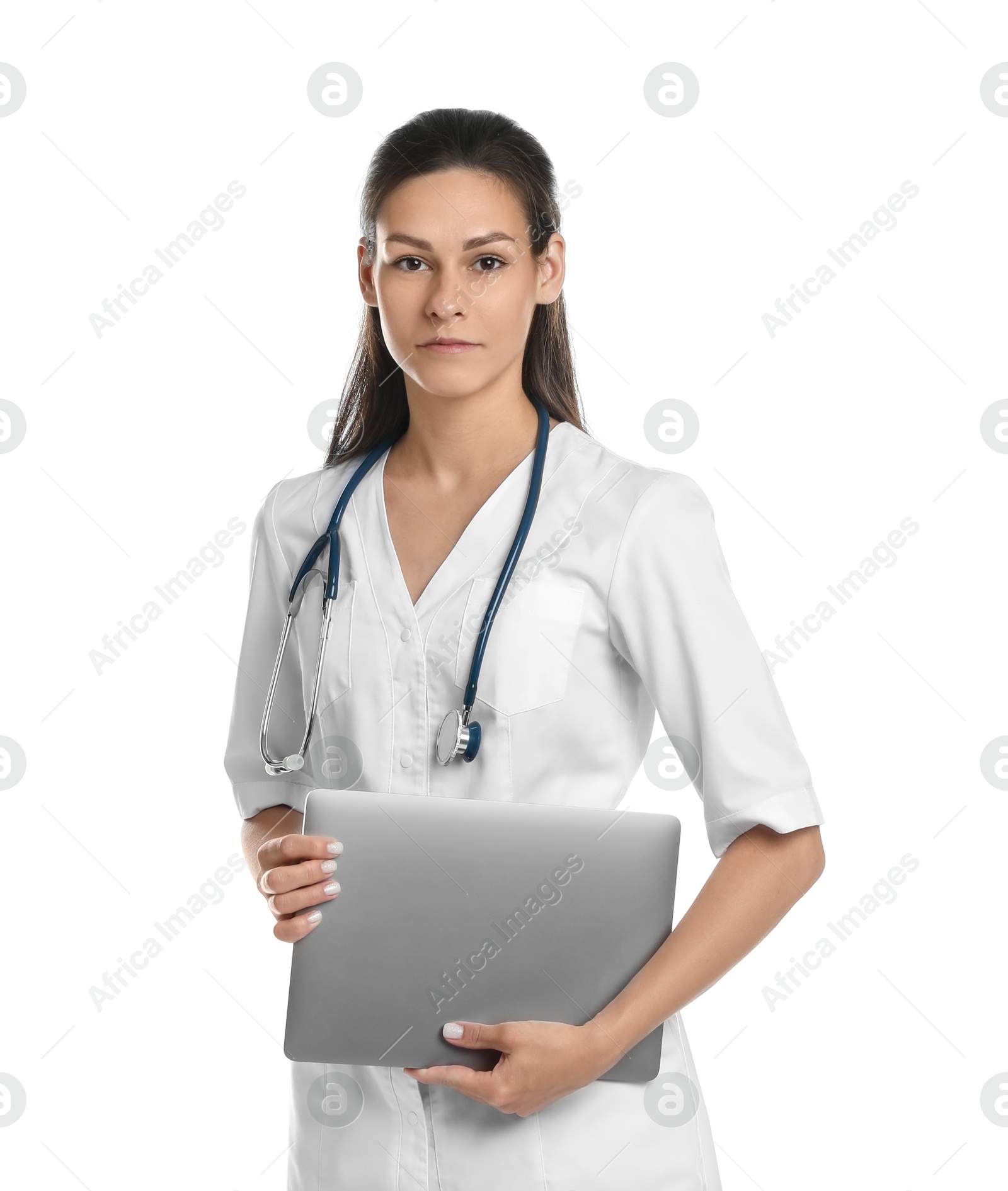 Photo of Portrait of beautiful nurse with laptop on white background