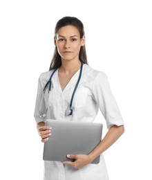 Photo of Portrait of beautiful nurse with laptop on white background