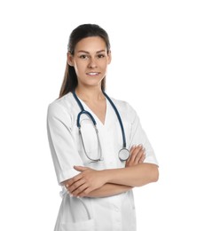 Portrait of beautiful nurse with crossed arms on white background