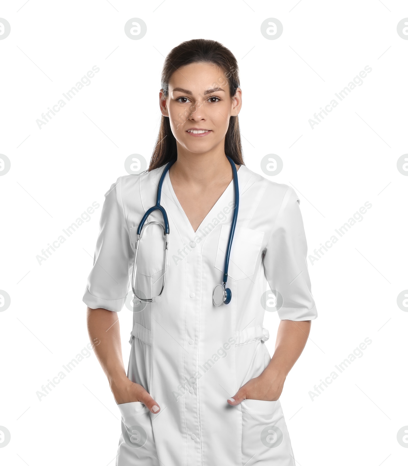 Photo of Portrait of smiling nurse with stethoscope on white background