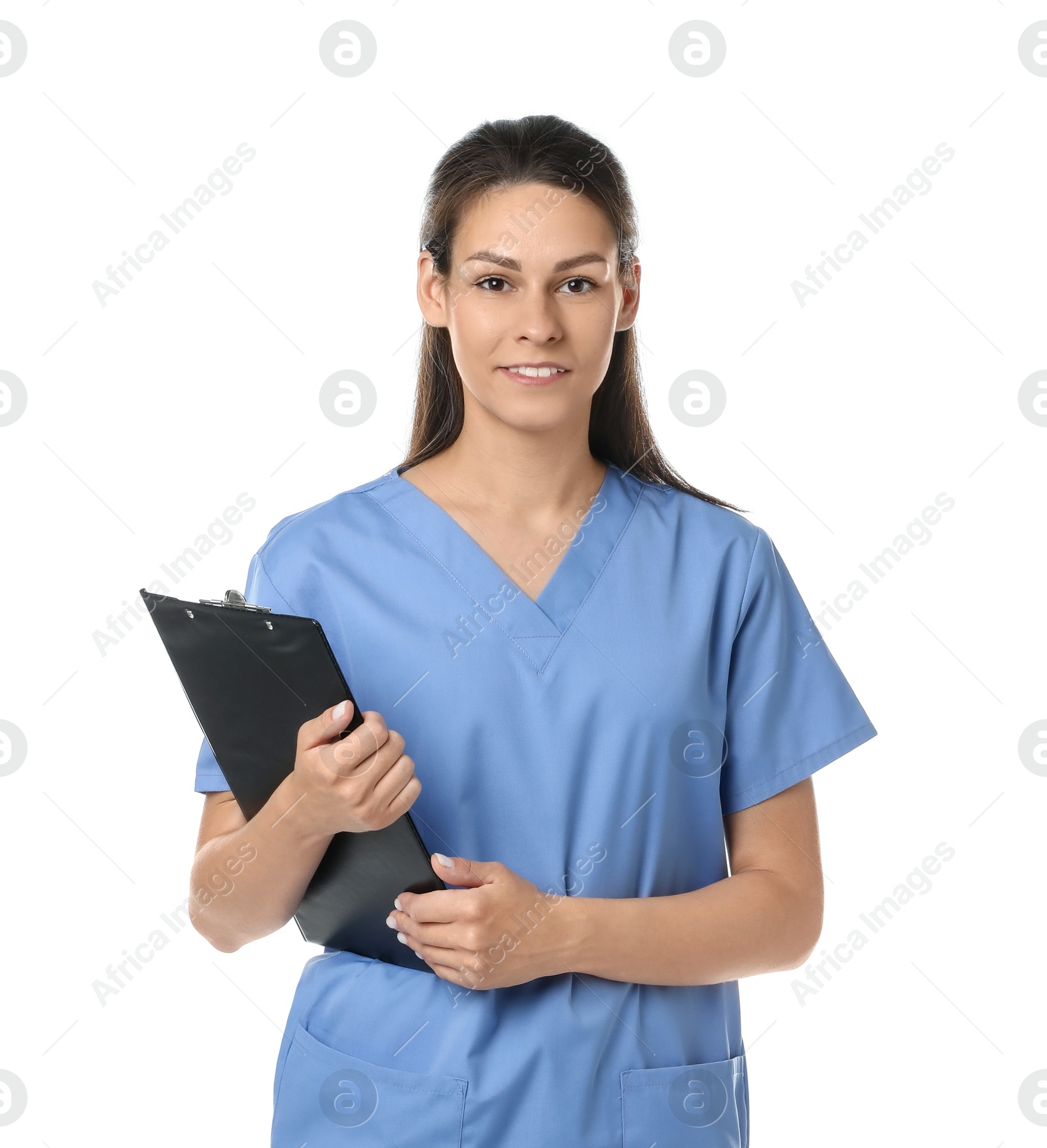 Photo of Portrait of smiling nurse with clipboard on white background