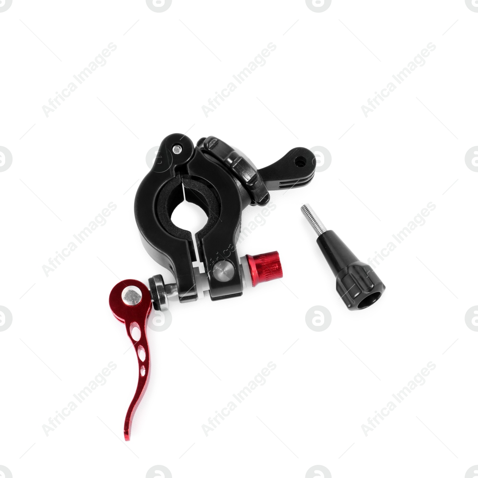 Photo of Remote lockout lever isolated on white, top view. Cycling accessory