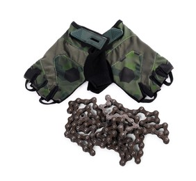 Fingerless cycling gloves and bike chain isolated on white, top view