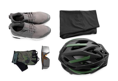 Bicycle helmet, sportswear and sneakers on white background, flat lay