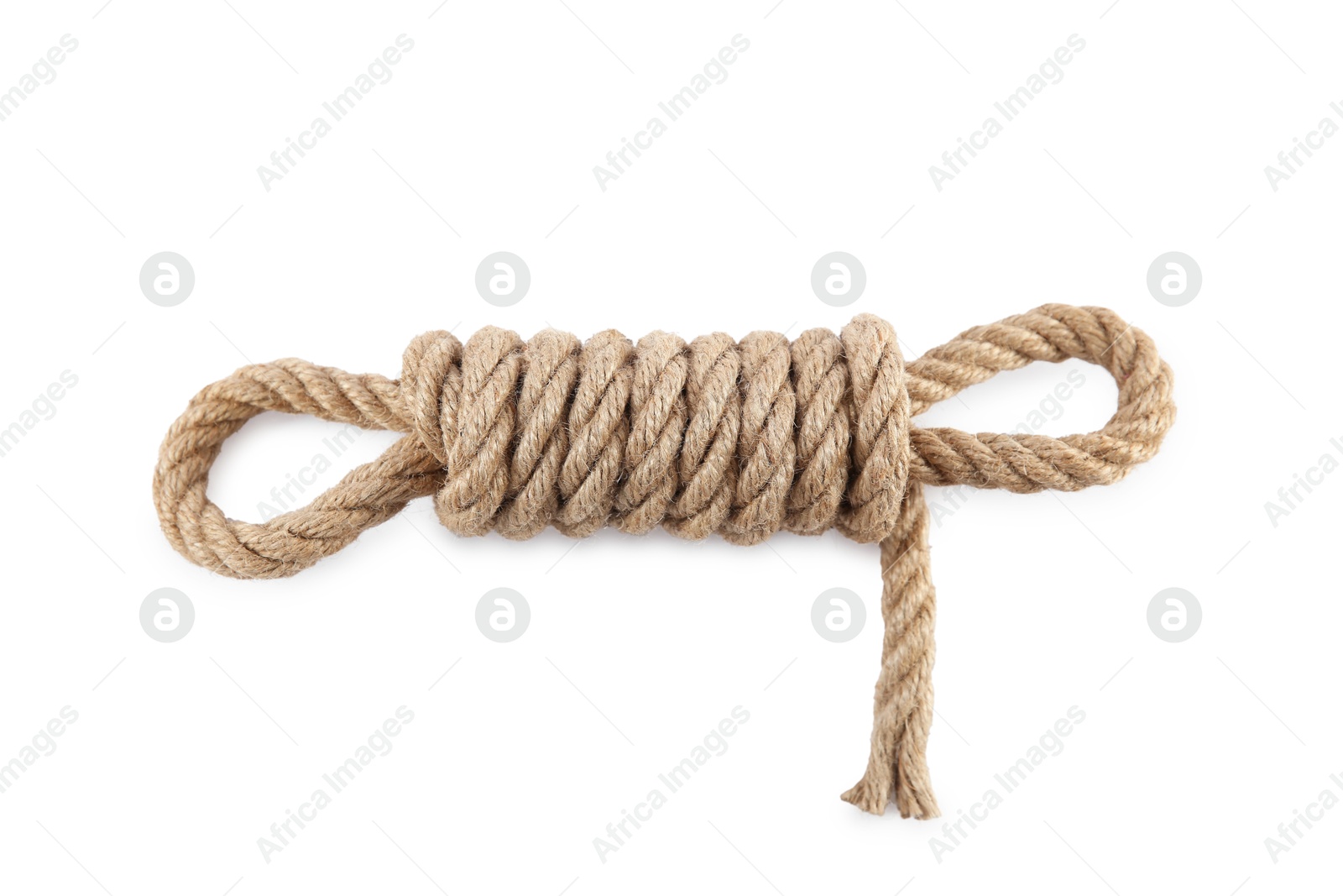 Photo of Hemp rope with loops isolated on white, top view