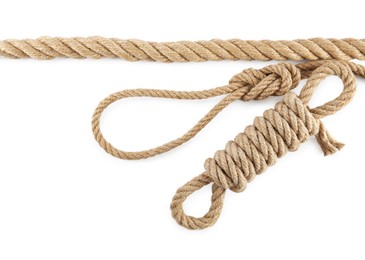 Photo of Hemp ropes isolated on white, top view