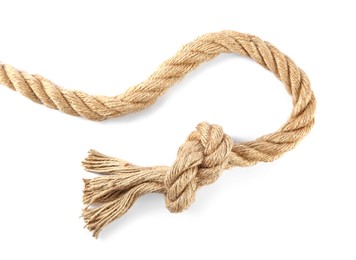 Photo of Hemp rope with knot isolated on white, top view