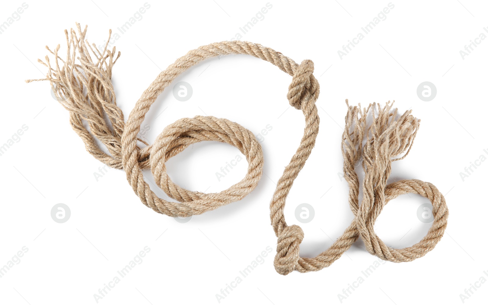 Photo of Hemp rope with knots isolated on white, top view