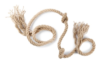 Photo of Hemp rope with knots isolated on white, top view