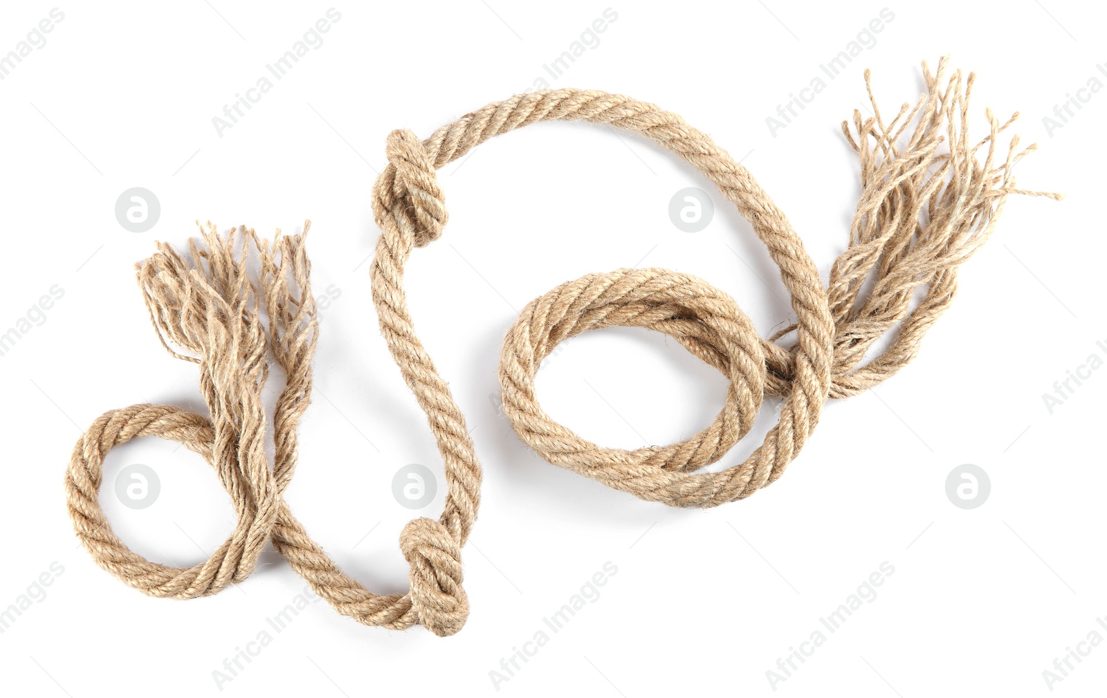 Photo of Hemp rope with knots isolated on white, top view