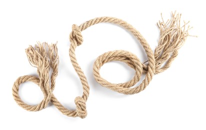 Photo of Hemp rope with knots isolated on white, top view