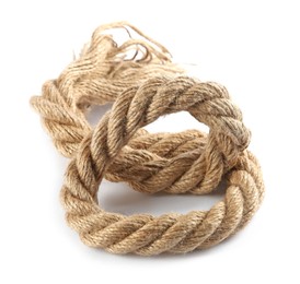 Photo of Hemp rope isolated on white. Organic material