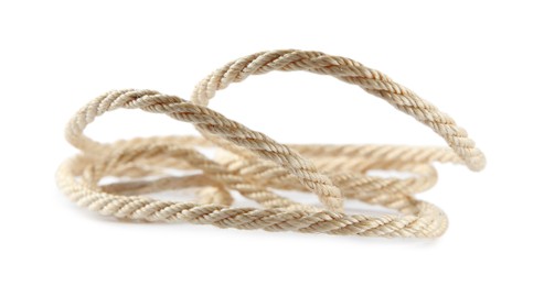 Photo of Hemp rope isolated on white. Organic material