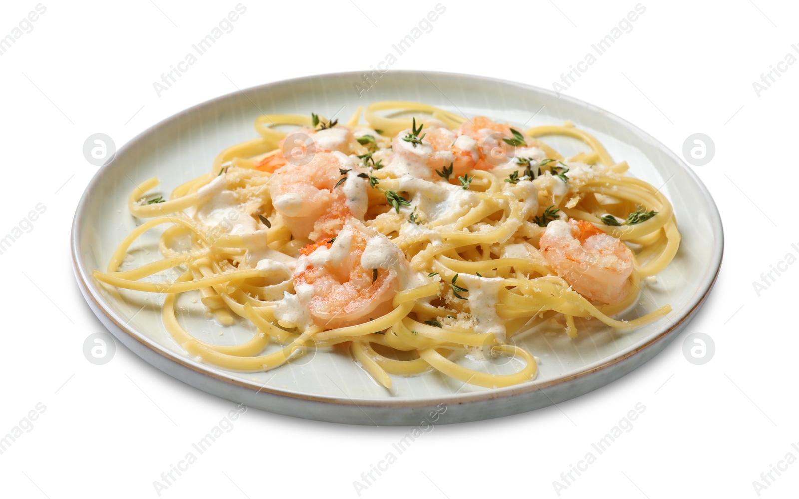 Photo of Delicious pasta with shrimps isolated on white