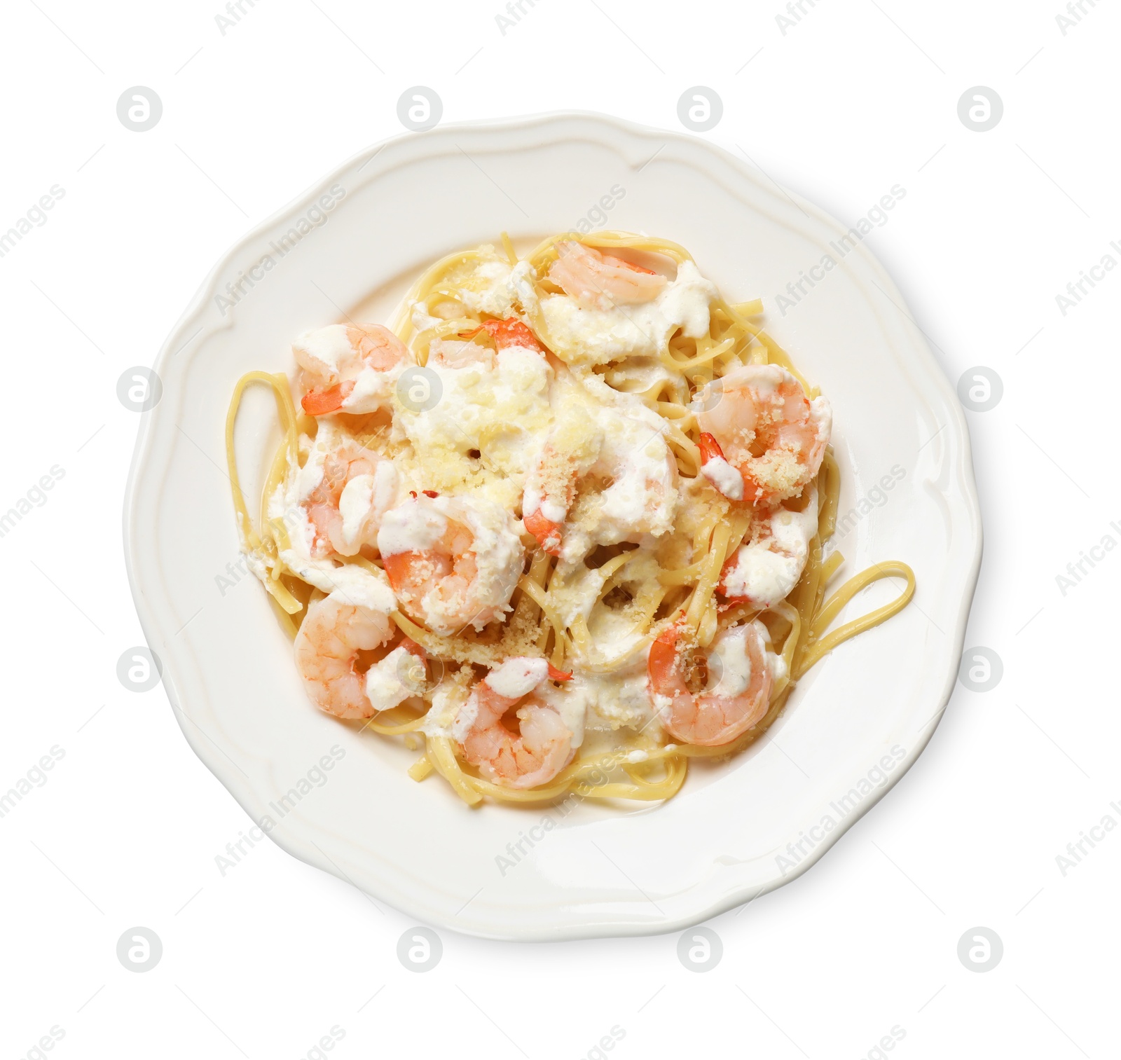 Photo of Delicious pasta with shrimps isolated on white, top view