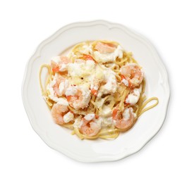 Photo of Delicious pasta with shrimps isolated on white, top view