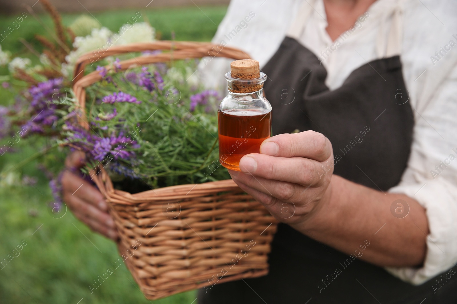 Photo of Senior woman with tincture and different ingredients outdoors, closeup