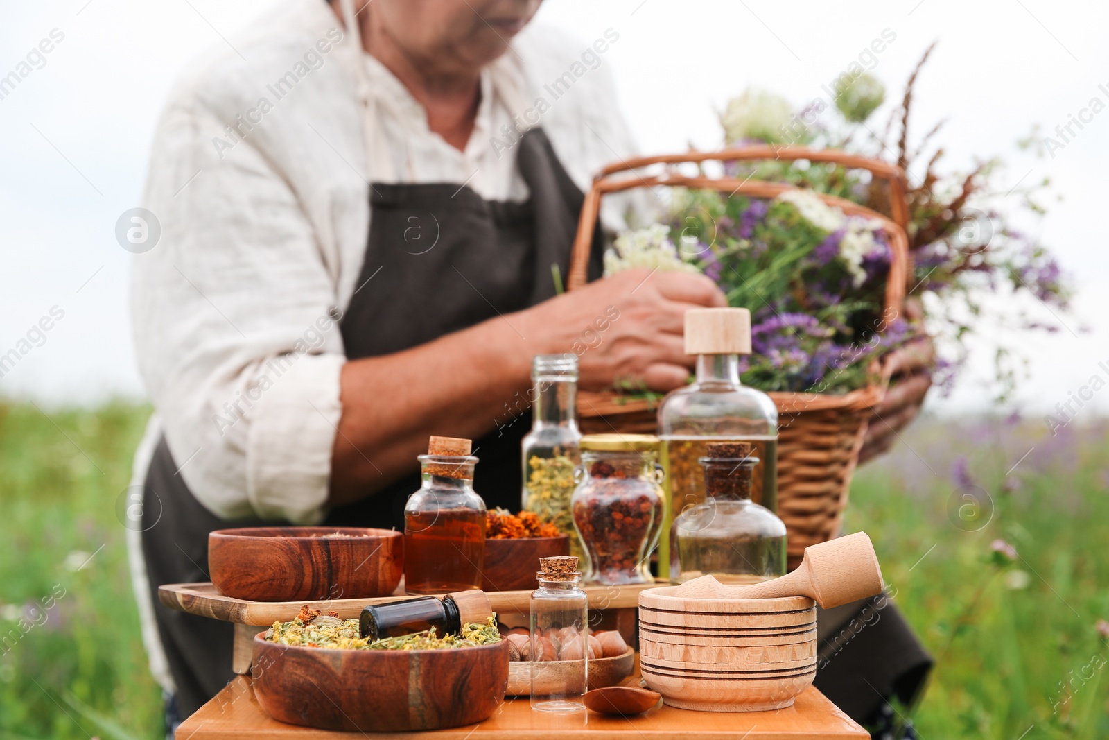 Photo of Senior woman with wildflowers outdoors, focus on different ingredients for tincture on wooden table