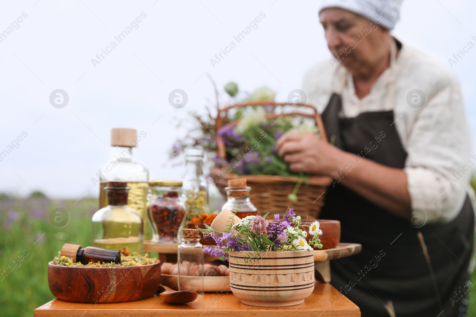 Photo of Senior woman with wildflowers outdoors, focus on different ingredients for tincture on wooden table