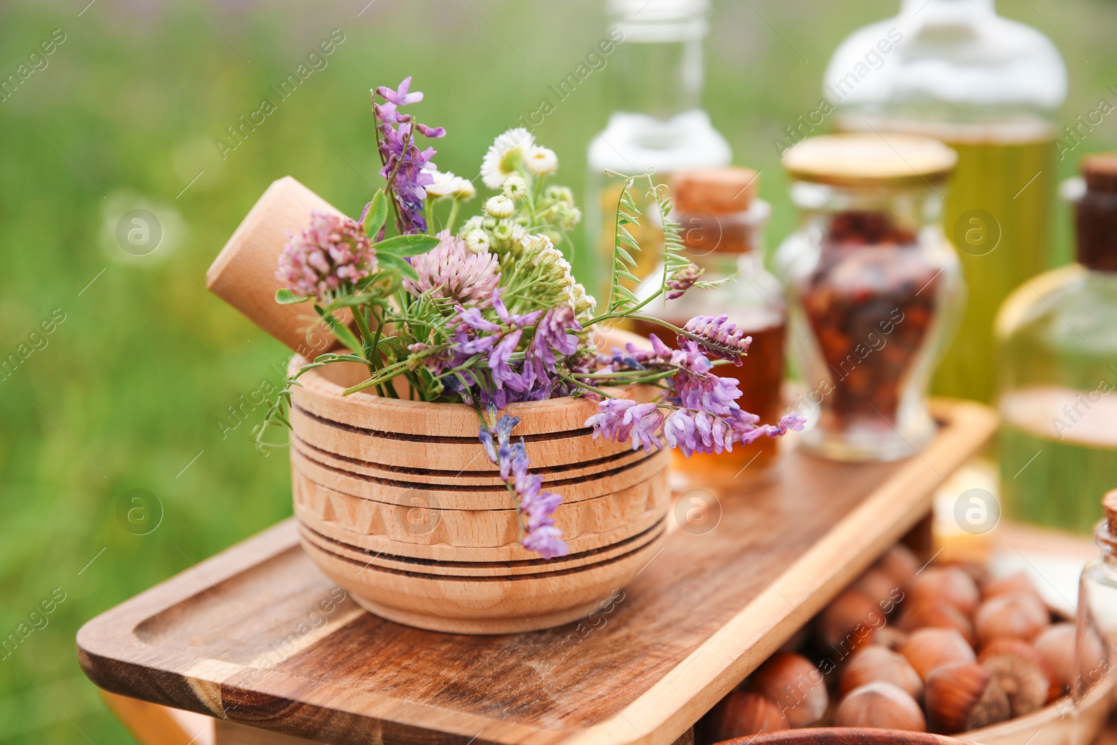 Photo of Tincture, wildflowers, hazelnuts mortar and pestle outdoors